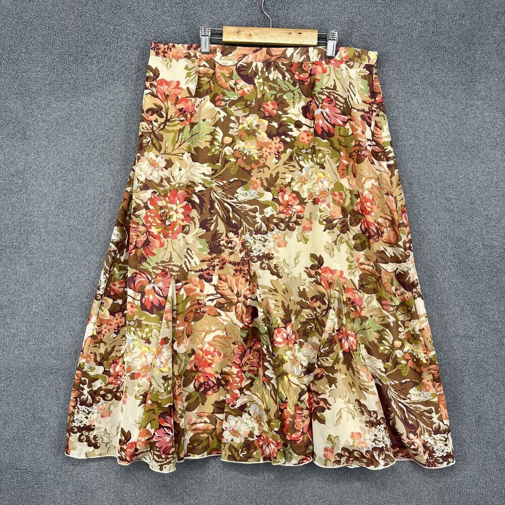 Coldwater Creek Skirt Womens Large Brown Floral A-Line Midi Lined‎ Side Zip